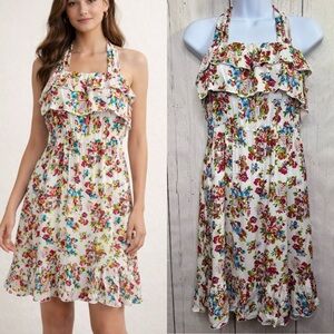 Minimi Floral Halter Dress Ruffle Boho Cottagecore L Garden Party Picnic Spring